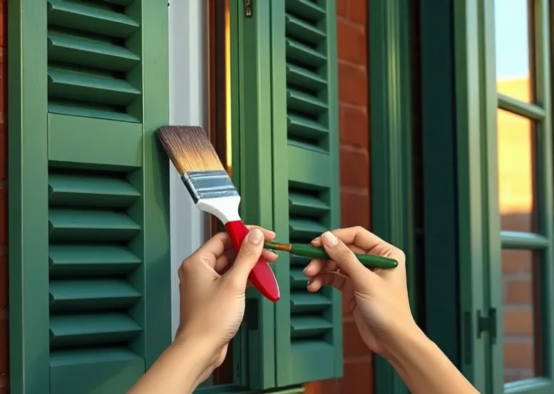 Mise en peinture au pinceau de volets et d'encadrements en bois