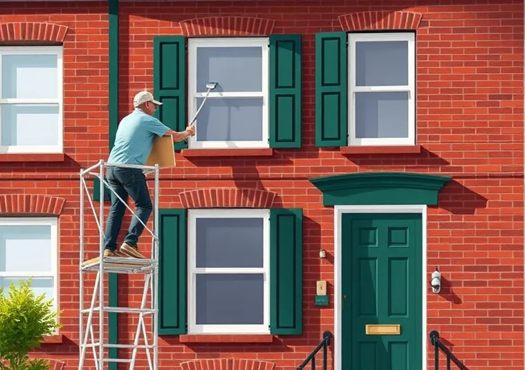 Peintre sur échafaudage traitant la façade d'une maison